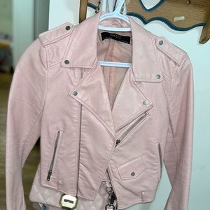 Zara motorcycle inspired pink faux leather jacket / belt around the waist